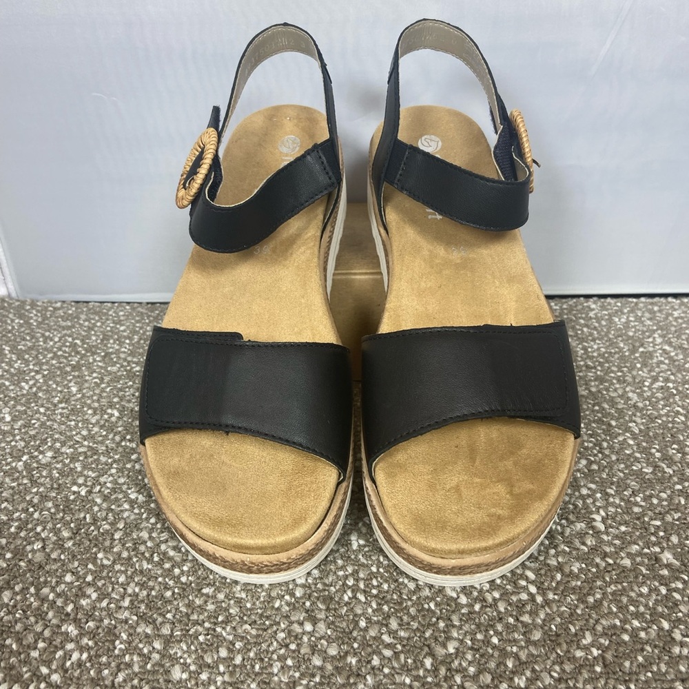 Women’s Black Remonte Soft Slingback Wedge Sandals Leather ankle strap size 7.